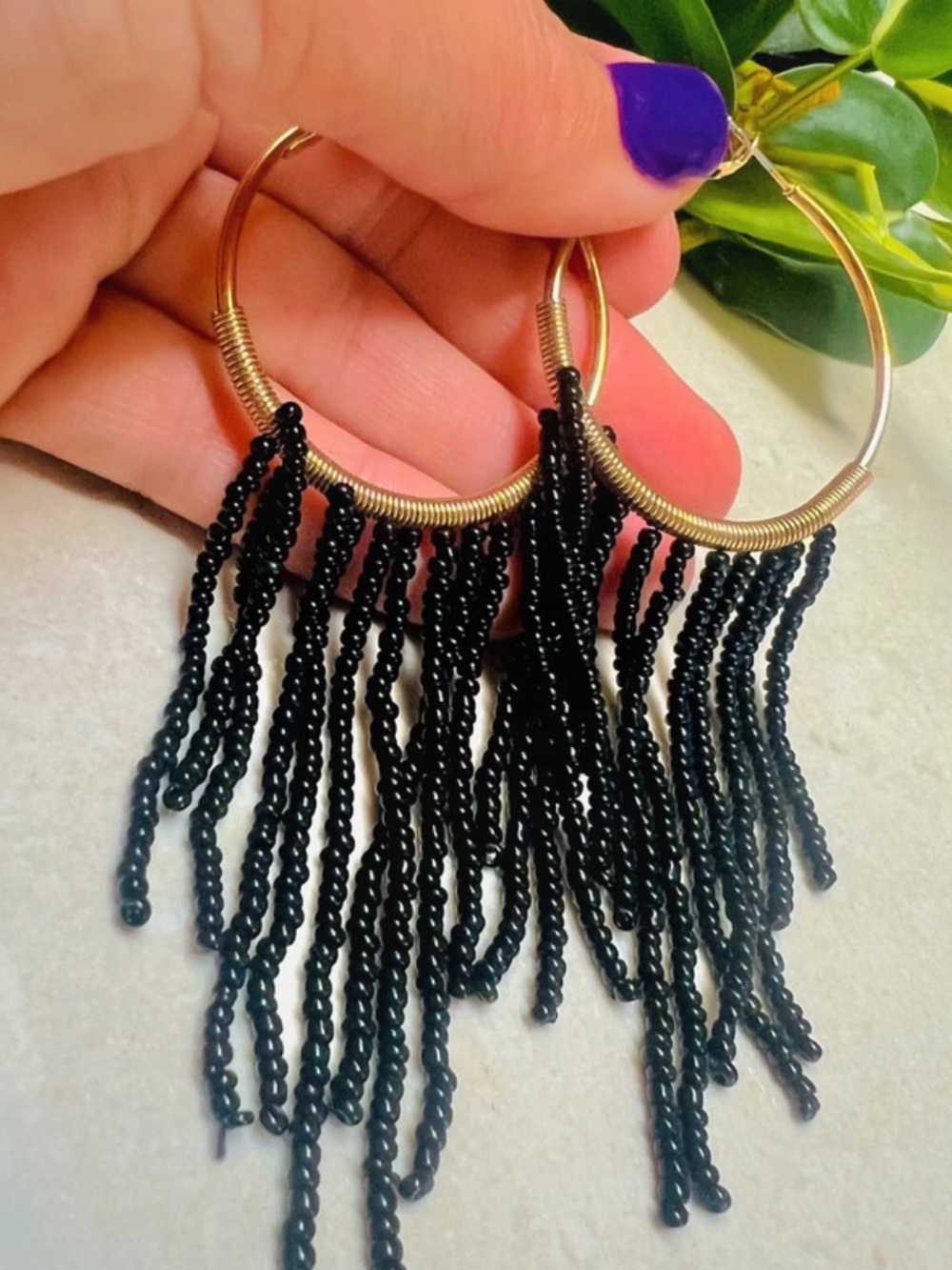 Boho Chic Black Beaded Fringe Gold Toned Hoop Earrings